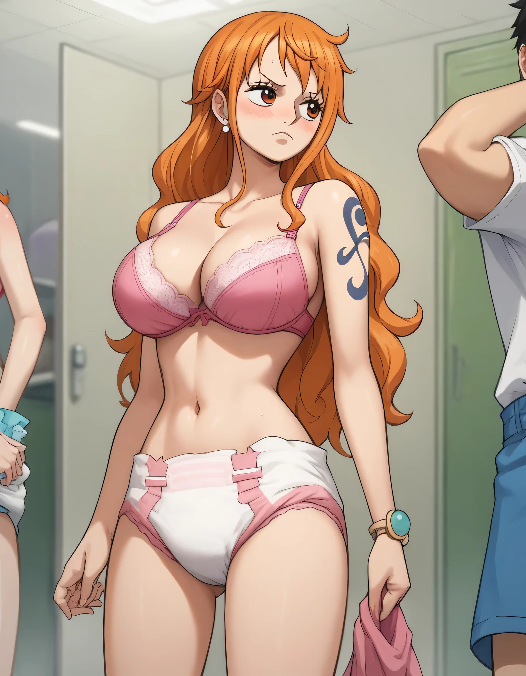 score_9, score_8_up, score_7_up, source_anime, best quality, clear face, Nami, orange hair, long hair, orange eyes, large breasts, perfect body, pink bra, pink pantie, diaper, small white diaper, navel, wash room, dressing place, blush, looking away, thighs, cute, sexy, sexy diaper, boy's hands on girl's pussy