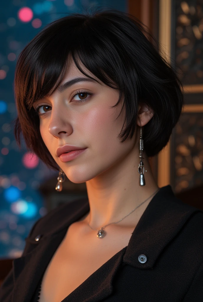 masterpiece, best quality, (extremely detailed CG unity 8k wallpaper, masterpiece, best quality, ultra-detailed, best shadow), (detailed background), (beautiful detailed face, beautiful detailed eyes), High contrast, Realistic woman, frecles, (best illumination, an extremely delicate and beautiful), short hair, hair ornament, accessories, piercing, intricate background, colorful light_particles, space, dark background, 