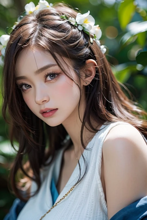 ((Realistic lighting、top-quality、8K、masterpiece:1.3))、Clear focus:1.2、NSFW:1.2,(nudde:1.2)、((realisitic)) , ((Real Light、top-quality))、Model body type:1.4、(dark brown hair、tits out:1.2)、dark-brown eyes、length hair、tropical rainforest、(24 year old:1.3)、hyperdetailed face、A detailed eye、二重まぶた、a necklace、high-heels、eye line、falls、Raking up your hair with both hands、One hand on the hip、