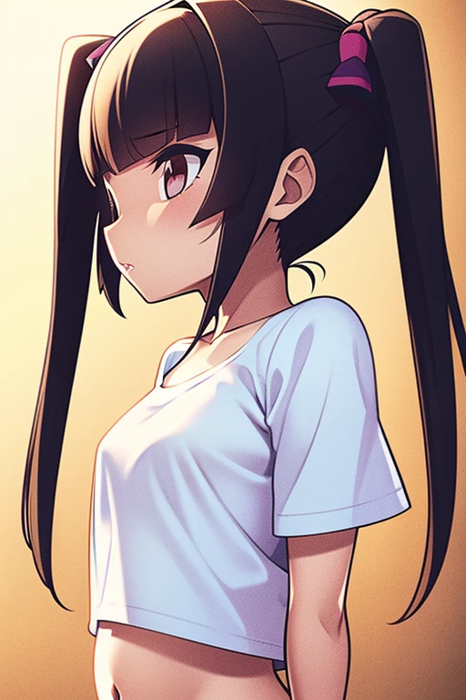 A girl with small breasts wearing a T-shirt that is too big while completely naked、Nipples sticking out from loose clothing、Looking away、2years-old、Twin tails