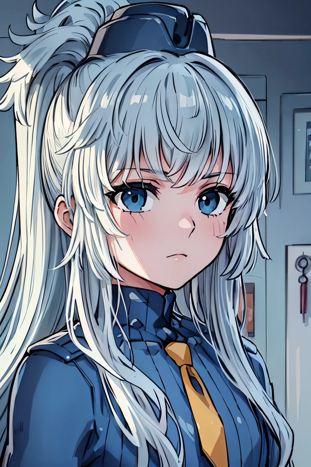 High detailed, kimtag, 1 girl, solo, akenohimejimaSDXL, Ivory colored eyes, castleton-green colored hair, large hair, ponytail ribbon, pink ribbon, busty, plump Buson, chunky body, blue genetics's uniform, Juliet sleeves, deep cleavage, blue skirt, genetics's uniform, juliet sleeves, genetics's uniform, shy expression