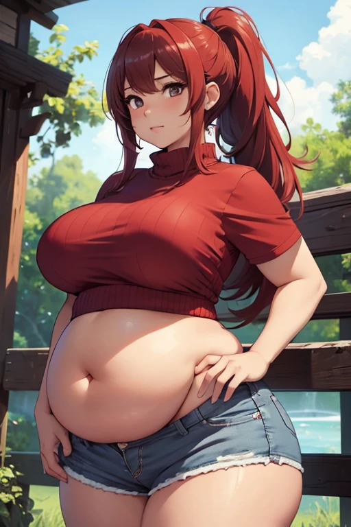 1girl, shortstack, looking at viewer, solo, twintails, long hair, horns, pointy ears, sharp teeth, red eyes, slit pupils, massive breasts, (huge breasts), cleavage, detailed background, detailed lighting, ilulu, official art