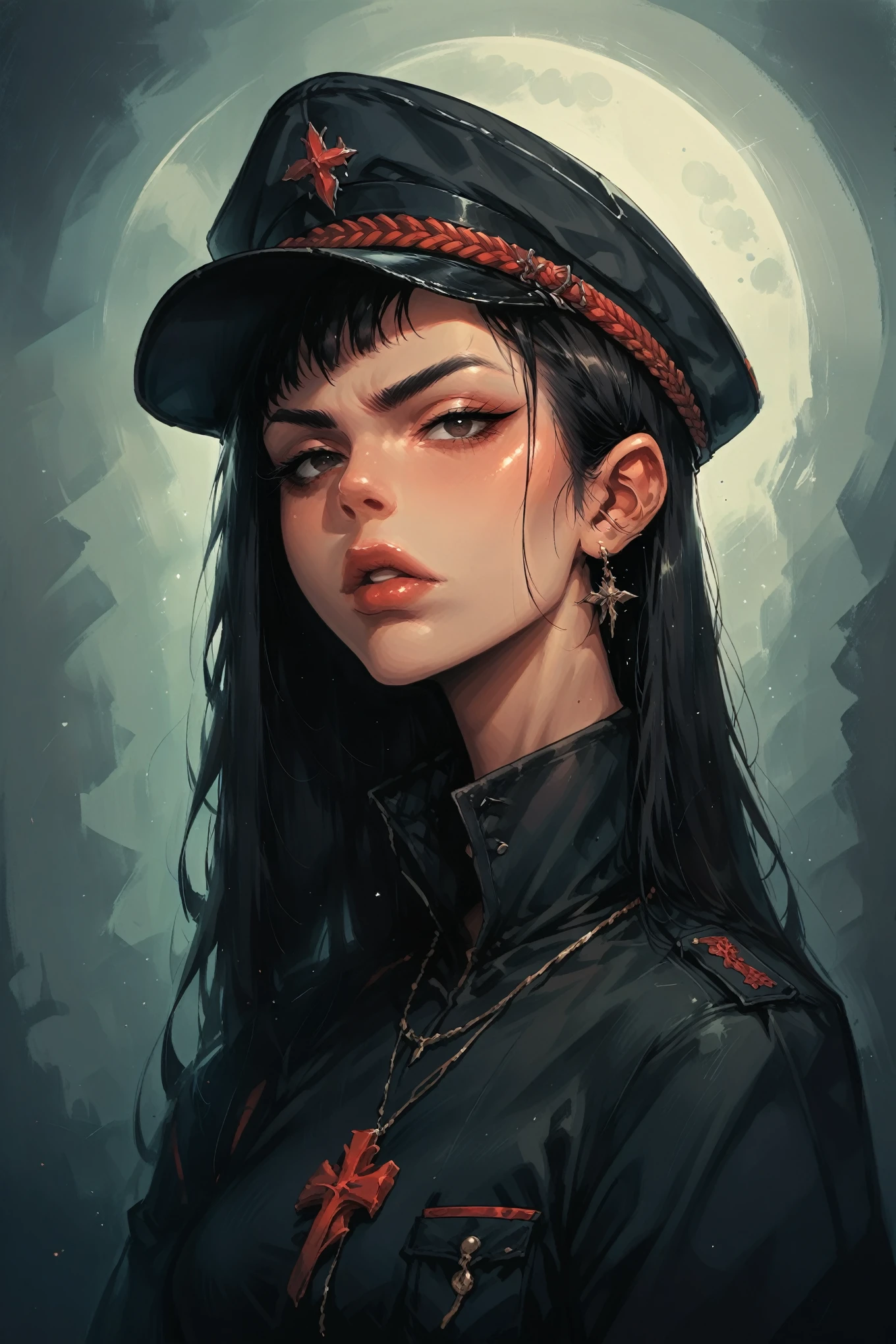 1girl, 18 years old girl, military uniform, military cap, detailed red eyes, long black hair, cigarette in mouth, cigarette smoke,post-apocalyptic background, best quality, 8k, highres, masterpiece, gothic, cinematic lighting, photorealistic, photo-realistic, ultra-detailed, sharp focus, vivid colors, extremely detailed eyes and face, detailed portrait, beautiful detailed lips, longeyelashes, dramatic pose, sharp focus, highly detailed, moody atmosphere, gritty, dystopian, cinematic,angle from below