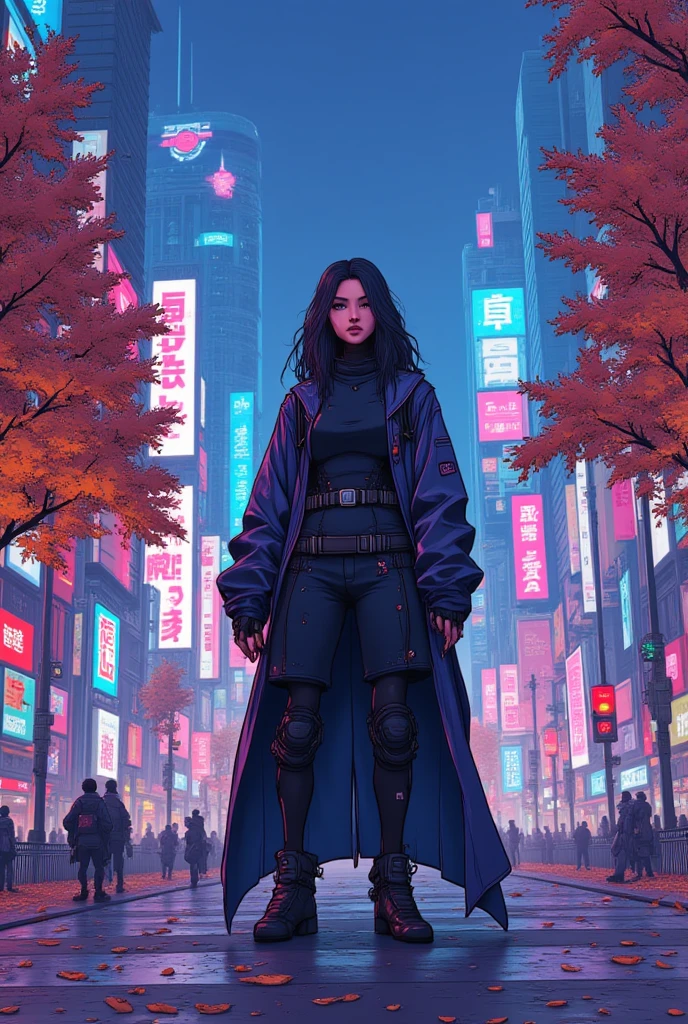 Cybanime, A lone cyberpunk figure, dressed in a leather jacket with glowing circuitry, stands under a streetlight in an autumn park. The trees around are shedding crimson and amber leaves, while the neon billboards in the distance create a contrast of cold blue and hot pink light. The ground is covered with damp, fallen leaves that reflect the city's flickering lights.