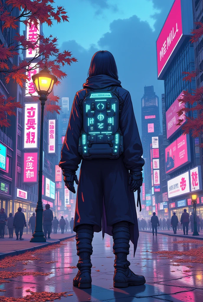 Cybanime, A lone cyberpunk figure, dressed in a leather jacket with glowing circuitry, stands under a streetlight in an autumn park. The trees around are shedding crimson and amber leaves, while the neon billboards in the distance create a contrast of cold blue and hot pink light. The ground is covered with damp, fallen leaves that reflect the city's flickering lights.