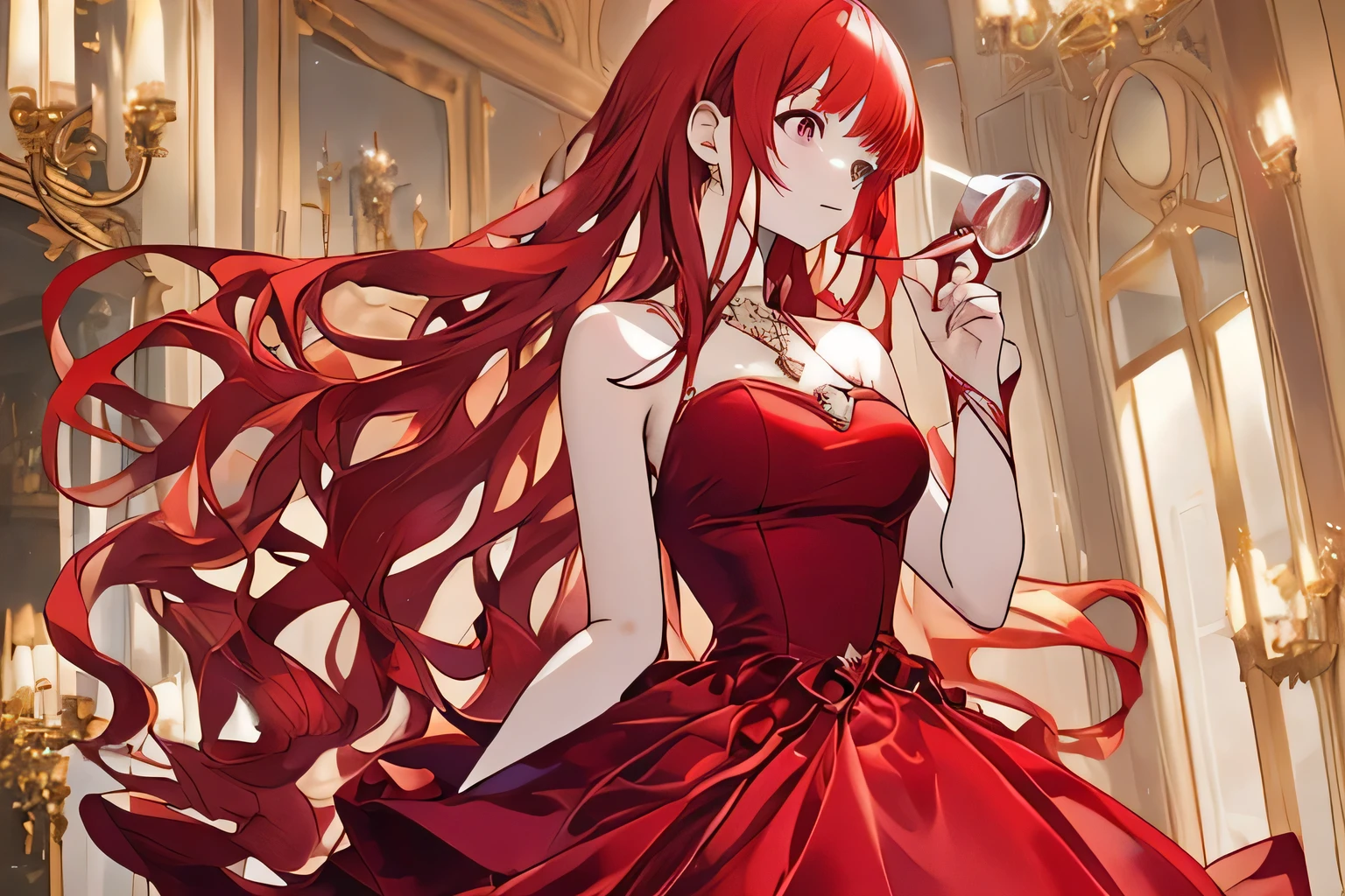 An adult woman with red eyes, long bright red hair with fox ears. Wears an elegant dress. She must be wearing a red leggings. she comes from wonderland