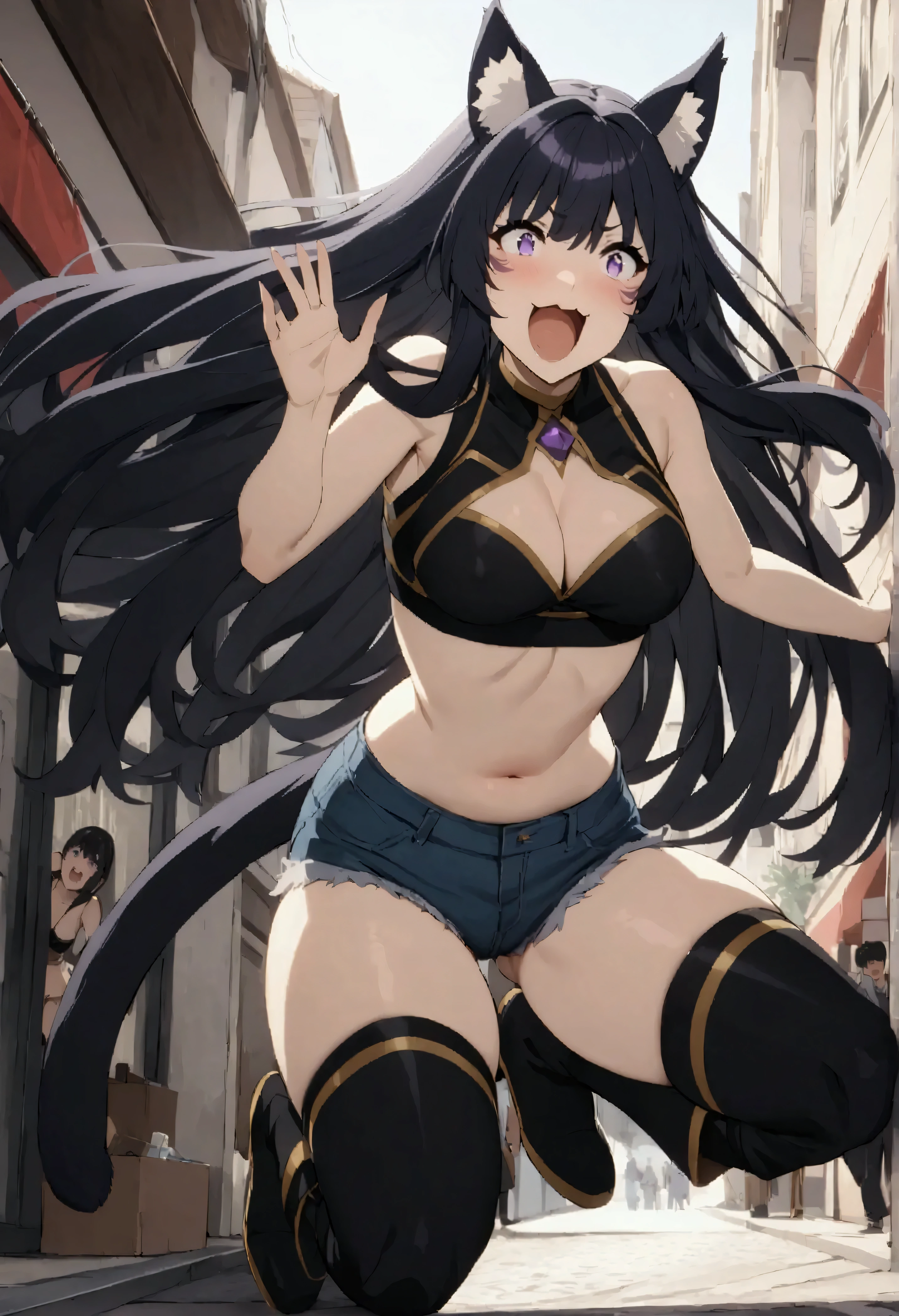 NSFW,masterpiece,Best Quality,High resolution,Very detailed,delta\(I want to be a powerful figure behind the scenes\),Long Hair、Black Hair、Animal ears、Purple Eyes、Cat ears、Animal earsの毛、Face mark、Crop top shirt,Sleeveless,Denim shorts,Long boots,Excited face,bustling street