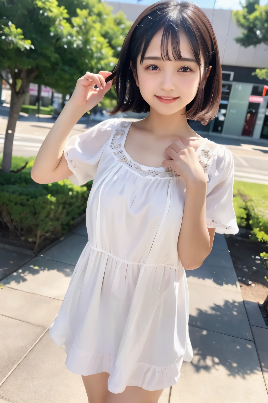 a cute teenage girl in a shopping mall, wearing a spring-like outfit with a short sleeve white dress, loose socks, with a round, innocent face, baby-like features, and a youthful, carefree expression, under the warm spring weather, (best quality,4k,8k,highres,masterpiece:1.2),ultra-detailed,(realistic,photorealistic,photo-realistic:1.37),intricate details, delicate skin, dynamic pose, natural lighting, vibrant colors, soft focus, elegant, adorable,japanese,,childlike,cute face,round outline,teenager,spring outfit,short sleeve,white dress,thin clothes:1.4,everyday wear,black hair