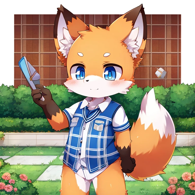 Young furry fox cute white orange blue eye character wearing school clothes garden wallpaper high quality 