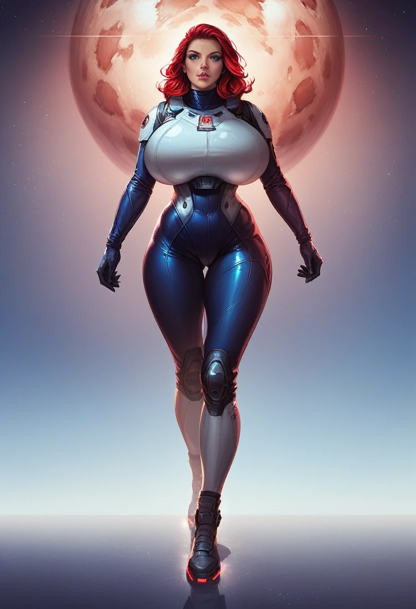 amazone, red hair, huge breasts, childbearing hips, full body view, space suit, highly detailed, intricate details, cinematic lighting, photorealistic, 8k, hyperrealistic, dramatic shadows, dynamic pose, strong colors, vibrant palette, sci-fi, concept art, digital painting