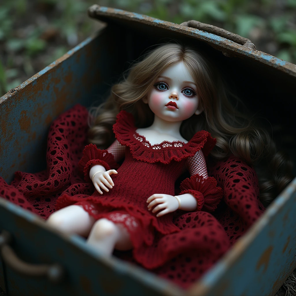 (best quality), (top quality), (dark), (full body), (melancholy), (sadness), (agony), (terror), (horror), (dark), (vibrant colors), (bright), (realistic photo), (real photo), (full body) PIN UP dark doll being photographed in a toy box. --auto --s2