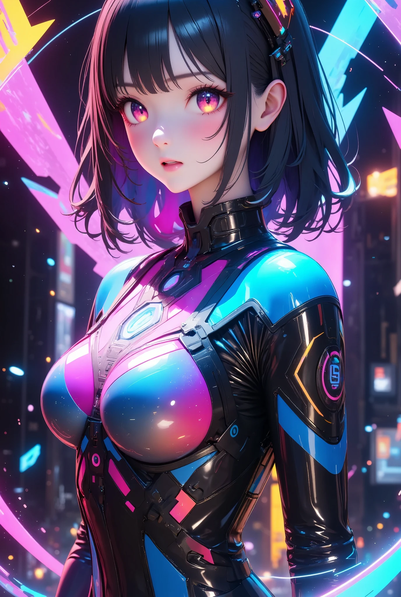 (masterpiece, best quality:1.2), 1girl, solo, cyber girl, futuristic cyberpunk, neon lights, glowing eyes, intricate cybernetic implants, glowing circuits, metallic textures, dynamic pose, cinematic lighting, vibrant colors, technologically advanced