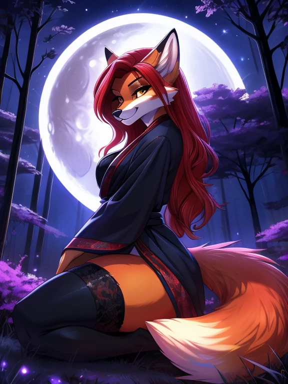 red fox, orange fur, female, vixen, gorgeous, majestic, elegant, mysterious, beautiful, hair, scarlet hair, red hair, yellow eyes, smile, friendly and inviting smile with a hint of mischievousness, full body, night, moody, highres, perfect artwork, side view, on knees, looking at viewer, moon, beautiful night sky, stars, black night sky, crouching, wearing a sexy and elegant magical yukata, sexy thigh highs, wearing thigh highs, red and black outfit, casting purple magic, purple flame, sexy body, voluptuous, waifu, in a forest