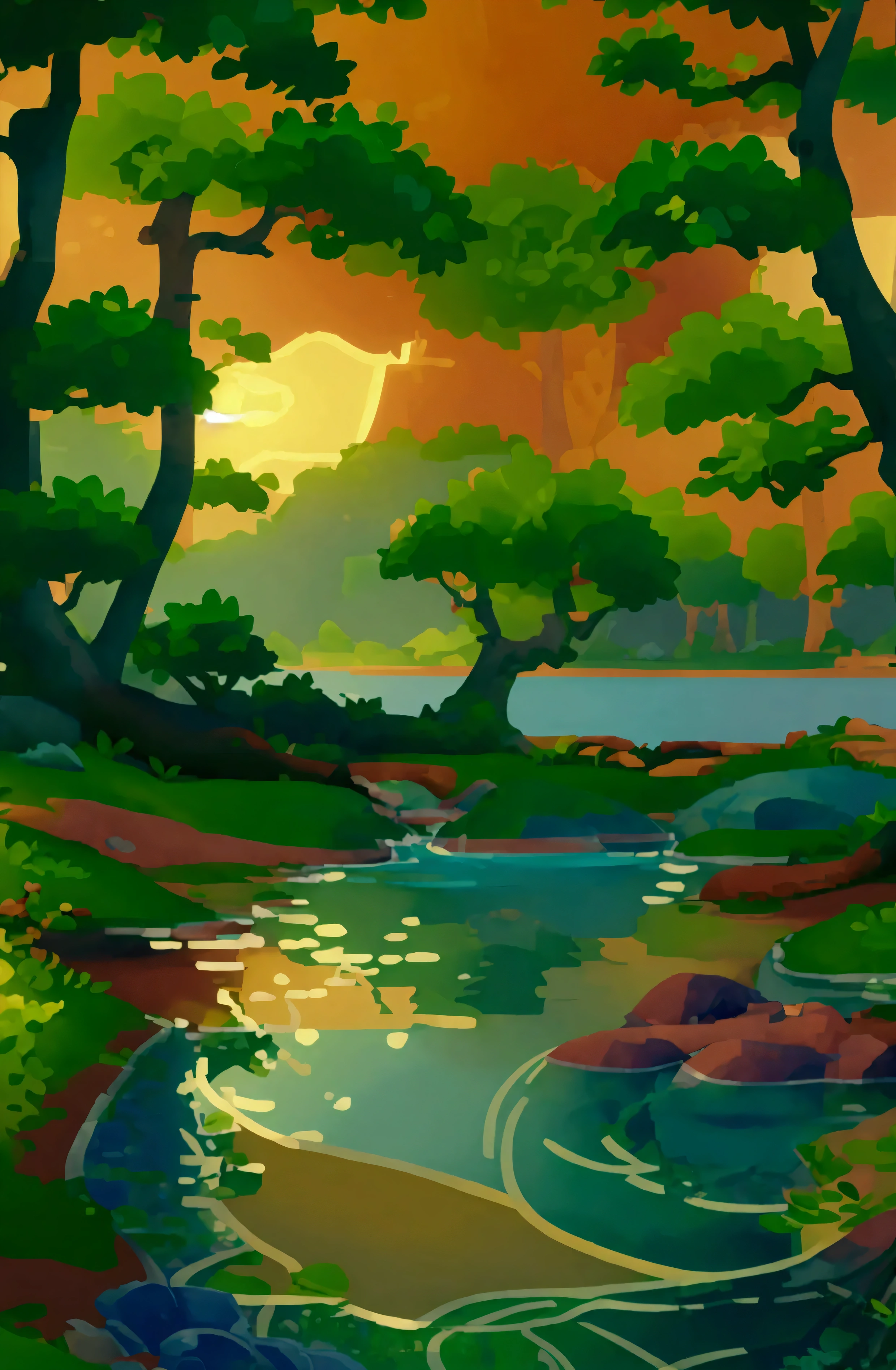 a vintage hand-drawn scene, a serene lake surrounded by lush trees, detailed foliage, sunlight filtering through the leaves, calm waters reflecting the scenery, impressionist painting, soft pastel colors, intricate linework, delicate brushstrokes, atmospheric lighting, tranquil landscape, dreamlike quality, photorealistic, masterpiece, ultra-detailed, 8k