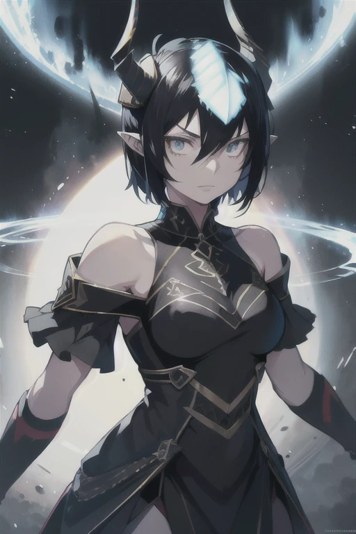 realistic, 1girl, black hair, horns, yellow eyes, glowing, bare shoulders, glowing eyes, magic circle, light particles, light rays, wallpaper, demon, pale skin