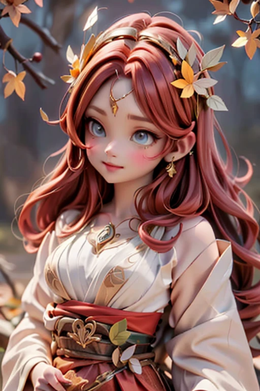 a cute celtic autumn goddess, pumps, joyful dynamic pose, sunset, detailed face and features, porcelain skin, long flowing red hair, delicate ears, intricate circlet headdress, ornate jewelry, flowing autumn leaf patterned dress, glowing golden light, dramatic lighting, mystical atmosphere, vibrant autumn colors, detailed oak tree background, detailed forest background, cinematic angle, photorealistic, 8k, high quality