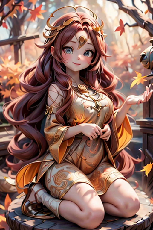 a cute celtic autumn goddess, pumps, joyful dynamic pose, sunset, detailed face and features, porcelain skin, long flowing red hair, delicate ears, intricate circlet headdress, ornate jewelry, flowing autumn leaf patterned dress, glowing golden light, dramatic lighting, mystical atmosphere, vibrant autumn colors, detailed oak tree background, detailed forest background, cinematic angle, photorealistic, 8k, high quality