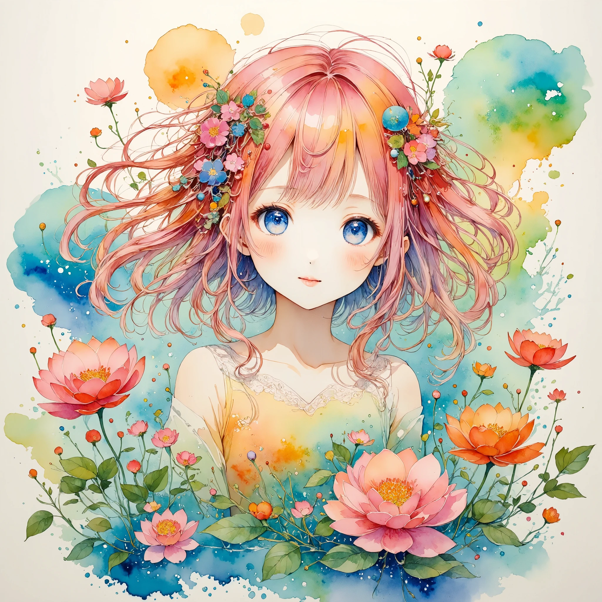 A young girl, beautiful detailed eyes, beautiful detailed lips, extremely detailed face, long eyelashes, watercolor painting style, intricate detailed clothing, delicate facial features, soft lighting, pastel color palette, flowing hair, serene expression, dreamlike atmosphere, natural setting, detailed nature elements, lush foliage, vibrant colors, photorealistic, highly detailed, 8k, best quality