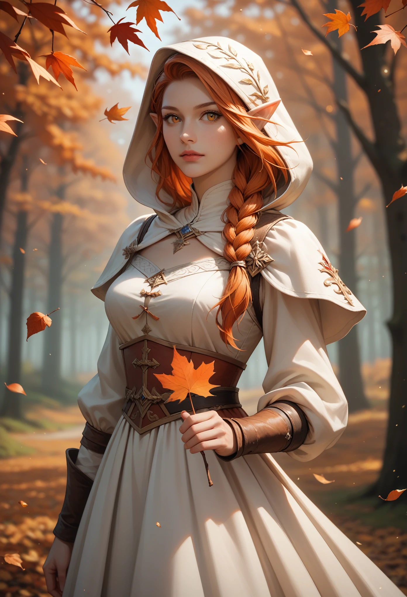 score_9, score_8_up, score_7_up, (masterpiece, UHD, 8K, 16K, ultra detailed), sfw, upperbody shot, 1girl, elf, orange eyes, one side braided hair, ginger hair, holding a red leaf, white dress with hood, intricate details, (murmuring leaves), (wind:1.2), (medieval fantasy), autumn forest background, (depth of field), bokeh, diffused light, dramatic ambient