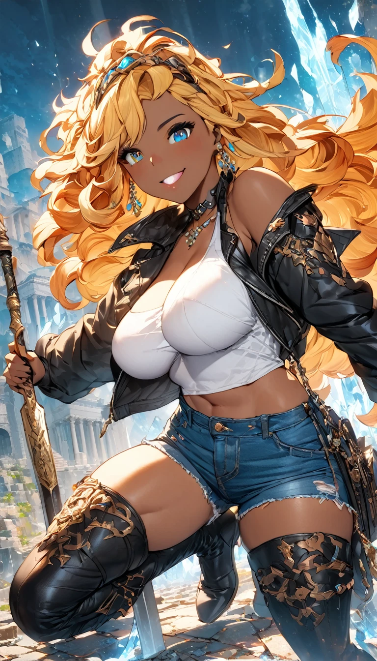 ((best quality)), ((masterpiece)), (detailed), 1girl, one girl, 8k_wallpaper, extremely detailed eyes, extremely detailed body, beautiful face, perfect face, detailed ((blonde hair)), (gold eyes), (( big blue horns)), {{dark skin}}, ({dark skinned female}), gigantic breasts, thick thighs, strong arm and leg muscles, strong abdominal muscles, Korean girl, a predatory mischievous smile with fangs, a vulgar smile, a playful look, style - a hot rock girl, a dark red open jacket with rolled up sleeves, a belt of yellow silk and gold chains, gold bracelets and leather short gloves, short denim mini shorts through which the outlines of a wet woman appear pussy, a rock guitar hanging behind his back, walking down the street of the evening city,