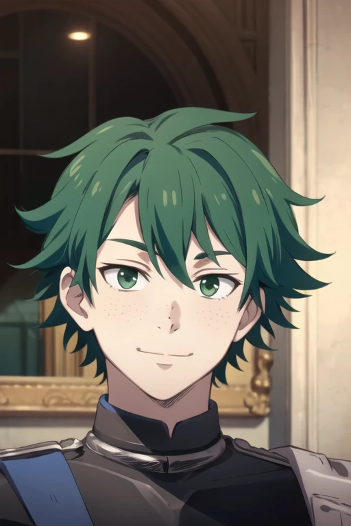 masterpiece, best quality, , 1boy, solo, male focus, looking at viewer, , , izuku_midoriya, green hair, round green eyes, freckles, kind smile