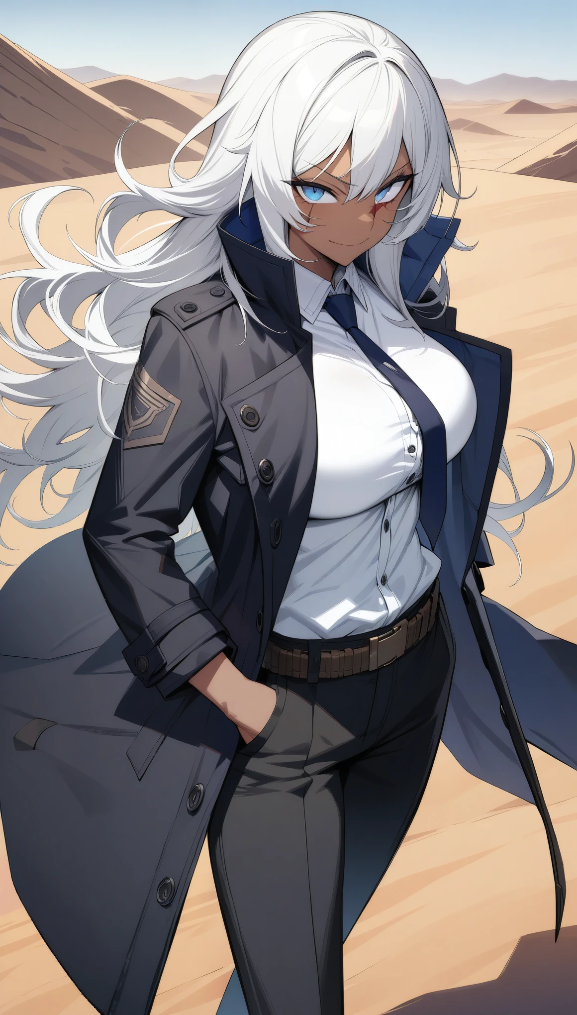 (best quality:1.3), (masterpiece:1.3), (illustration:1.3), (ultra-detailed:1.3), cowboy shot, 1girl, ((white hair)), (((large breasts))), (dark skin), (blue eyes), ((rough hair)), white shirt, necktie, high collar, unbuttoned shirt, sleeveless shirt, lean build, long coat, dark blue tactical coat, tactical jacket, pouches, black pants, serious expression, mischievous smirk, belt buckle, face scar, straps, off-shoulder coat, hands on pocket, looking at viewer, muscular, webbed belt, stylish coat, outdoors, desert,