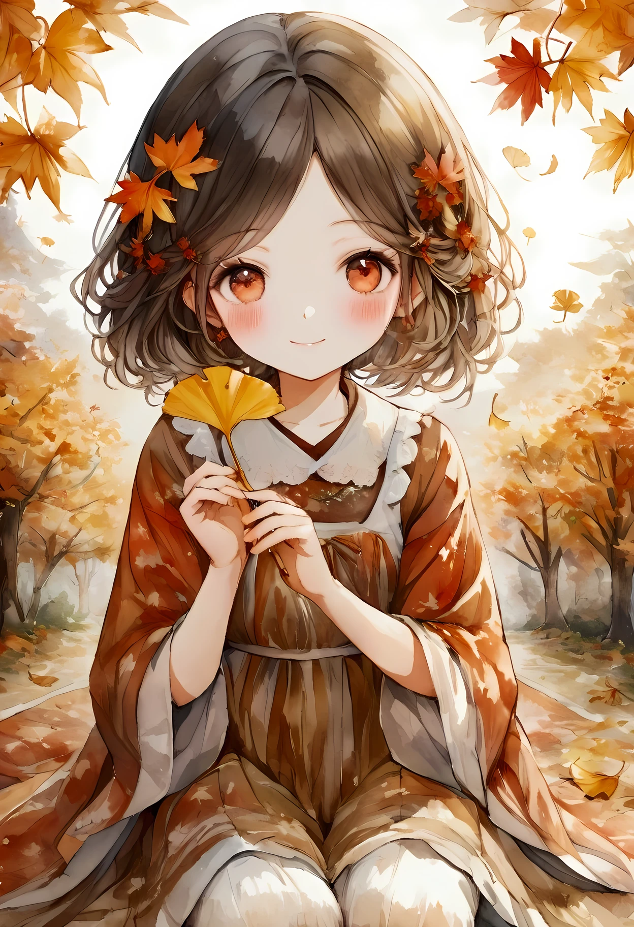 watercolor elements:1.5, Best Quality, High resolution, Detailed Background, Beautiful face in every detail, watercolor,One girl, A dress with a fall foliage motif, Maple leaf hairpin, Sitting, Colour the leaves:1.5, Green maple, Maple tree in hand, Painting a maple from green to red:1.5, Colour the leaves:1.5, Paint with a brush:1.4, Colour the leaves in my hands:1.5, A spread of unfocused autumn leaves and ginkgo leaves, Autumn leaves and ginkgo leaves all over the ground, A carpet of ginkgo leaves and autumn leaves, With a brush in hand, Paint the leaves red with a brush, Painting the green maple in the palm of your hand red, smile, watercolor画