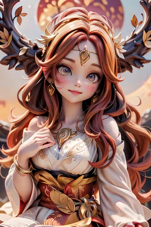 a cute celtic autumn goddess, pumps, joyful dynamic pose, sunset, detailed face and features, porcelain skin, long flowing red hair, delicate ears, intricate circlet headdress, ornate jewelry, flowing autumn leaf patterned dress, glowing golden light, dramatic lighting, mystical atmosphere, vibrant autumn colors, detailed oak tree background, detailed forest background, cinematic angle, photorealistic, 8k, high quality