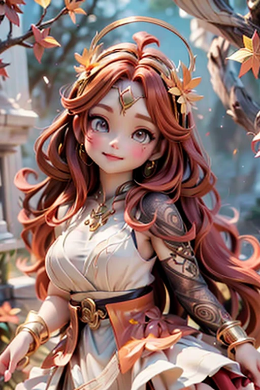 a cute celtic autumn goddess, pumps, joyful dynamic pose, sunset, detailed face and features, porcelain skin, long flowing red hair, delicate ears, intricate circlet headdress, ornate jewelry, flowing autumn leaf patterned dress, glowing golden light, dramatic lighting, mystical atmosphere, vibrant autumn colors, detailed oak tree background, detailed forest background, cinematic angle, photorealistic, 8k, high quality