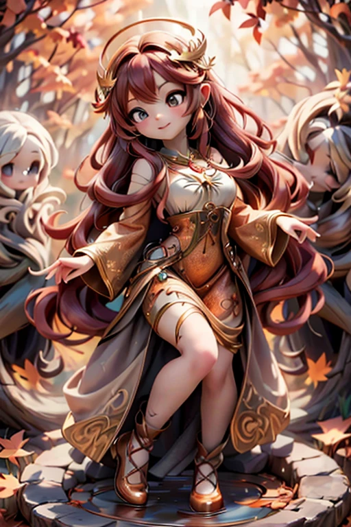 a cute celtic autumn goddess, pumps, joyful dynamic pose, sunset, detailed face and features, porcelain skin, long flowing red hair, delicate ears, intricate circlet headdress, ornate jewelry, flowing autumn leaf patterned dress, glowing golden light, dramatic lighting, mystical atmosphere, vibrant autumn colors, detailed oak tree background, detailed forest background, cinematic angle, photorealistic, 8k, high quality