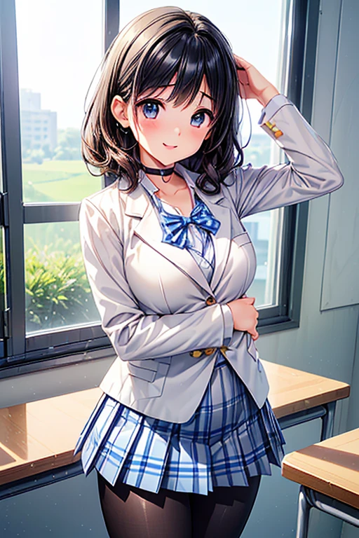 Yukari Mizumoto,Brown Hair,masterpiece,highest quality, High resolution, One girl, View Viewer, (masterpiece:1.2), highest quality, High resolution, unity 8k wallpaper, (Beautiful Eyes), Eye highlights,Highly detailed face, Perfect lighting, Highly detailed CG, (Perfect hands, Perfect Anatomy),Sexual smile, (Huge breasts),shirt,uniform,blazer,student,Light blue ribbon,Pleated skirt,Thighs,classroom,Pink Bra,(Wet:1.5),Underwear is visible,(NSFW:1.5)