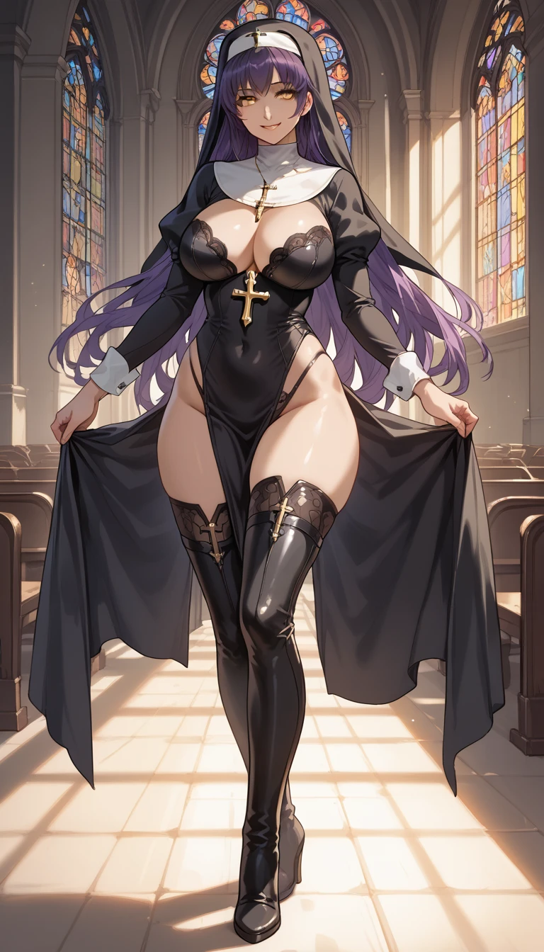 ultra-detailed, 1girl, solo, blackswan, (masterpiece)), (best quality), (highres), 16K, yellow eyes, purple hair, long hair, nun, wearing black panties, thighhigh boots, busty body, large breasts and a beautiful ass, showcasing cleavage, legs, hips, looking at viewer, detailed face, smile, detailed hair, detailed full body, church background