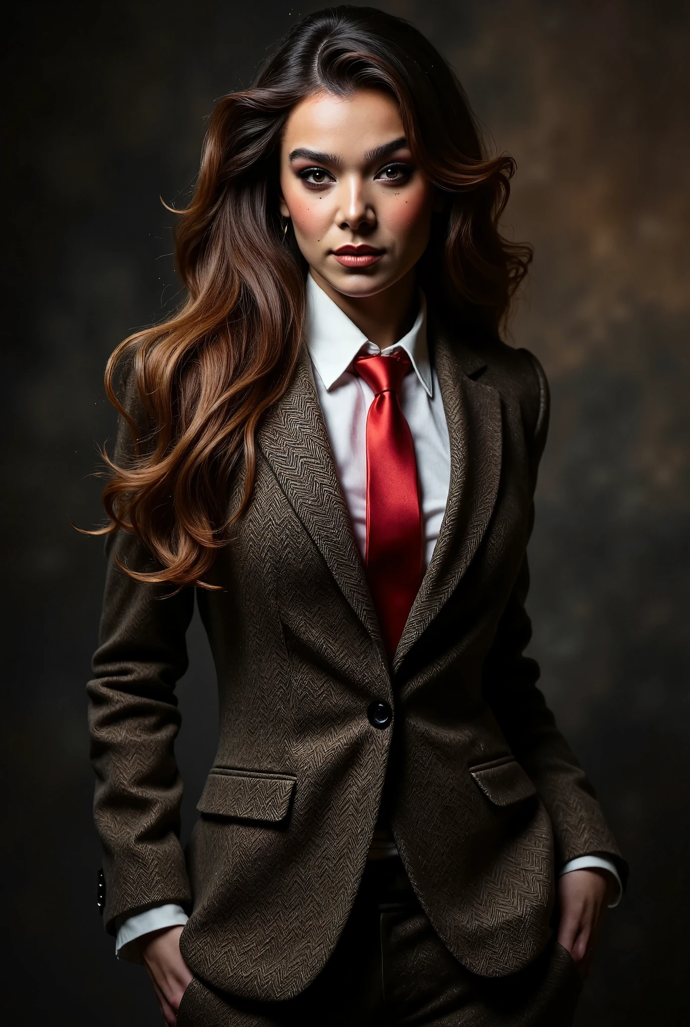 full body, A girl (hailstnewv3), brown hair, mobster, bad look, mafia style, tweed business 3 piece suit with a white shirt and red tie , best quality, masterpiece, perfect hands, detailed hands