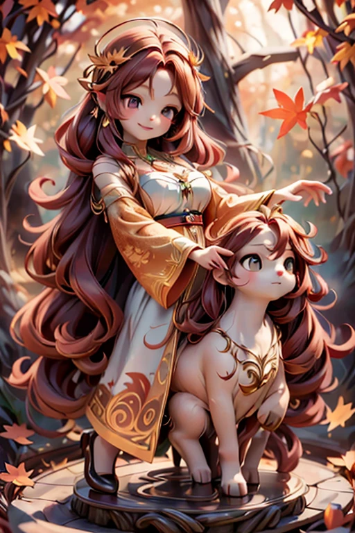 a cute celtic autumn goddess, pumps, joyful dynamic pose, sunset, detailed face and features, porcelain skin, long flowing red hair, delicate ears, intricate circlet headdress, ornate jewelry, flowing autumn leaf patterned dress, glowing golden light, dramatic lighting, mystical atmosphere, vibrant autumn colors, detailed oak tree background, detailed forest background, cinematic angle, photorealistic, 8k, high quality