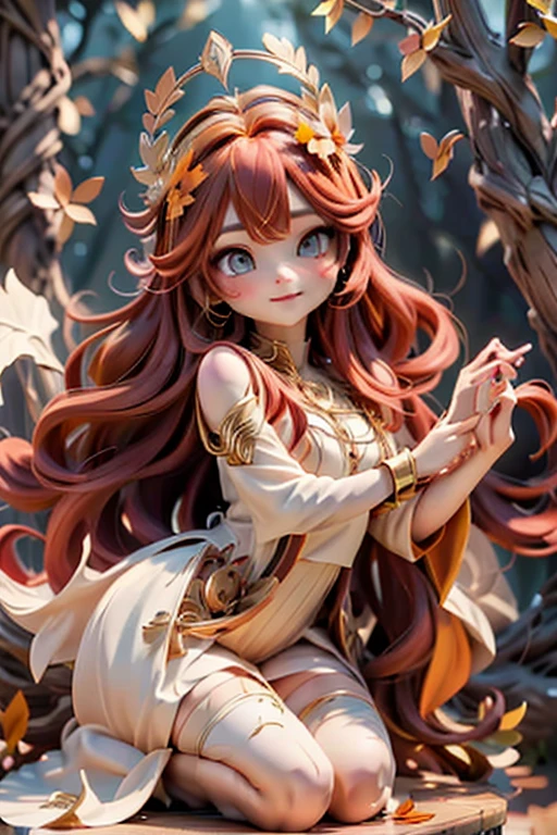 a cute celtic autumn goddess, pumps, joyful dynamic pose, sunset, detailed face and features, porcelain skin, long flowing red hair, delicate ears, intricate circlet headdress, ornate jewelry, flowing autumn leaf patterned dress, glowing golden light, dramatic lighting, mystical atmosphere, vibrant autumn colors, detailed oak tree background, detailed forest background, cinematic angle, photorealistic, 8k, high quality