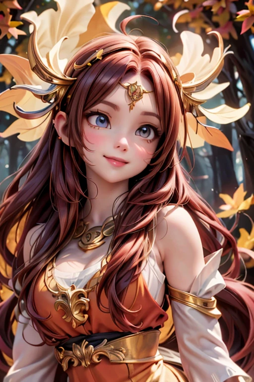 a cute celtic autumn goddess, pumps, joyful dynamic pose, sunset, detailed face and features, porcelain skin, long flowing red hair, delicate ears, intricate circlet headdress, ornate jewelry, flowing autumn leaf patterned dress, glowing golden light, dramatic lighting, mystical atmosphere, vibrant autumn colors, detailed oak tree background, detailed forest background, cinematic angle, photorealistic, 8k, high quality