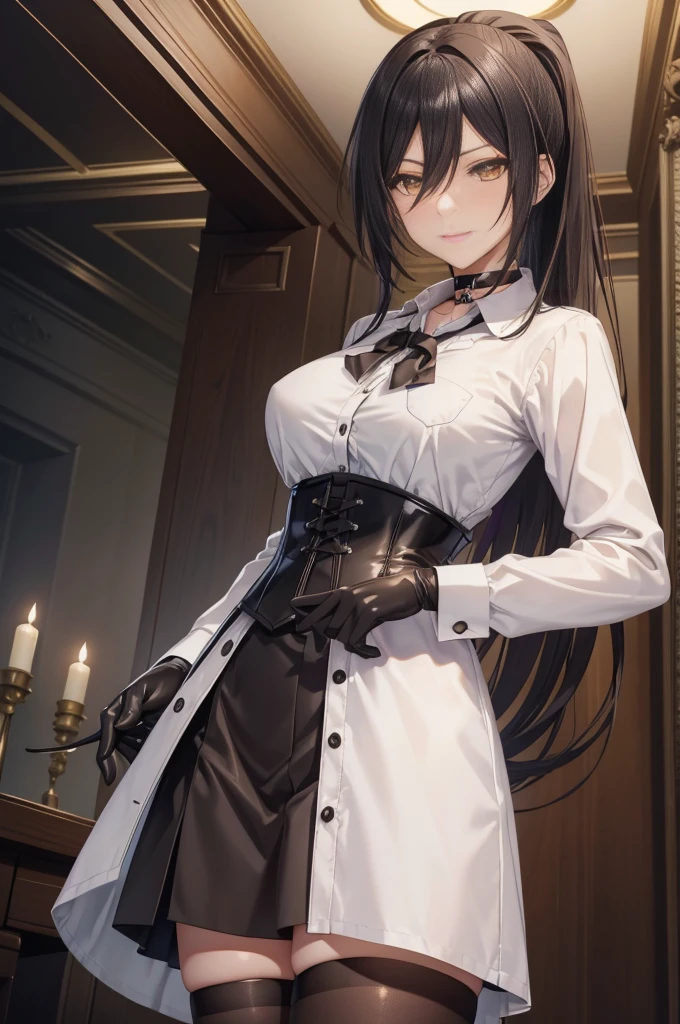 Sakuya Shirase, Sakuya Shirase first, long black ponytail hair, masterpiece, The best quality, high resolution, Beautiful detailed eyes, amber yellow eyes, extremely detailed face, good lighting, Detailed CG, 1 woman, standing, View from the front,  blush, smug expression. show smile, shiny lips, choker:1.6, ((White collar button-down shirt with white long sleeves)), black gloves, gloves that cover the hands, (black leather corset), (Black miniskirt), (dark brown tights), elegant dining room, mansion, night, neon lights