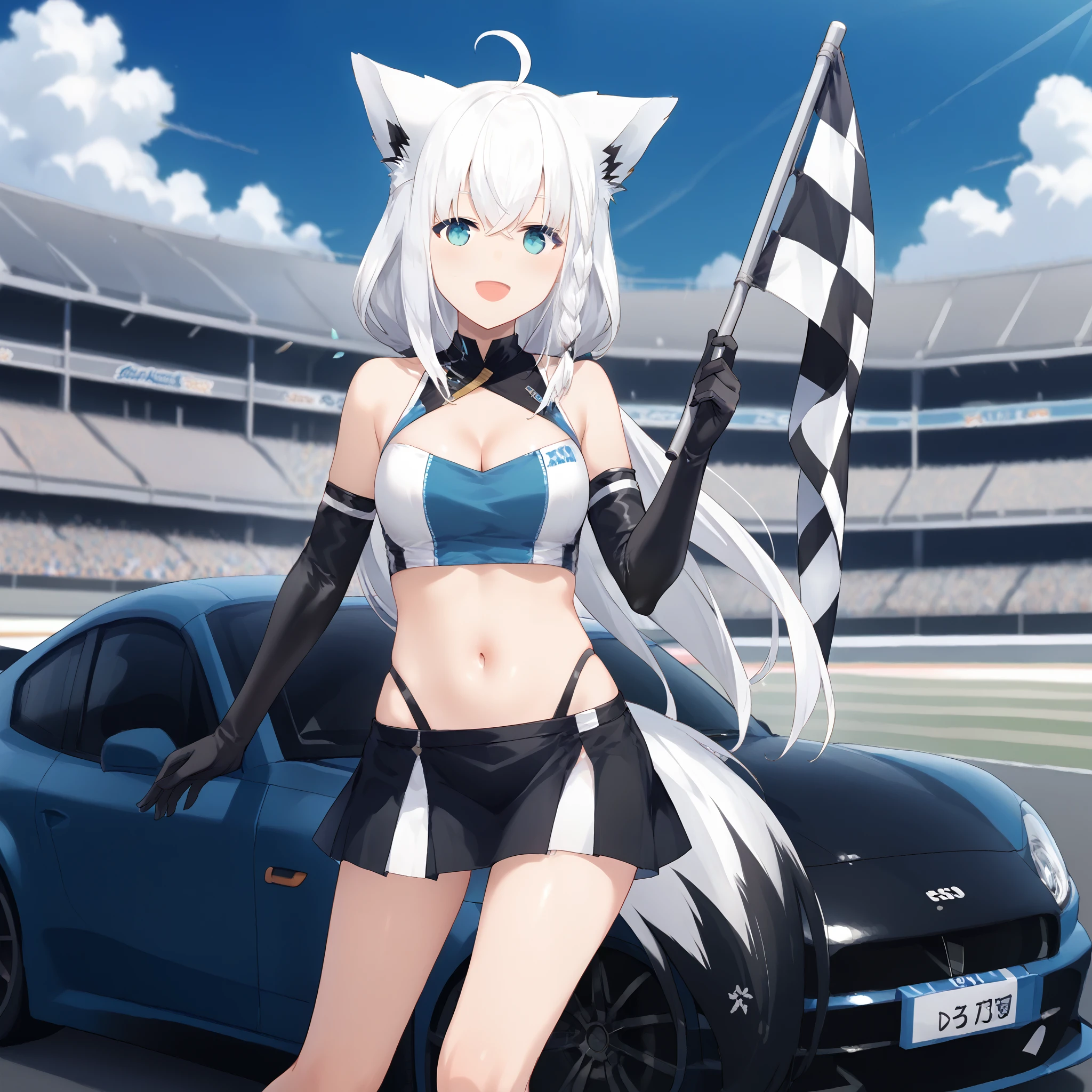 score_9, score_8_up, score_7_up, source_anime, race queen,shirakami fubuki, fubuking_sai,1girl, medium breasts,white hair,long hair,fox ears,fox tail,ahoge,braid, checkered flag, flag, gloves, cleavage, skirt, navel, black gloves, holding flag, elbow gloves, highleg, blush, blue sky, audience, on car, motor vehicle, sports car,open mouth,smile,