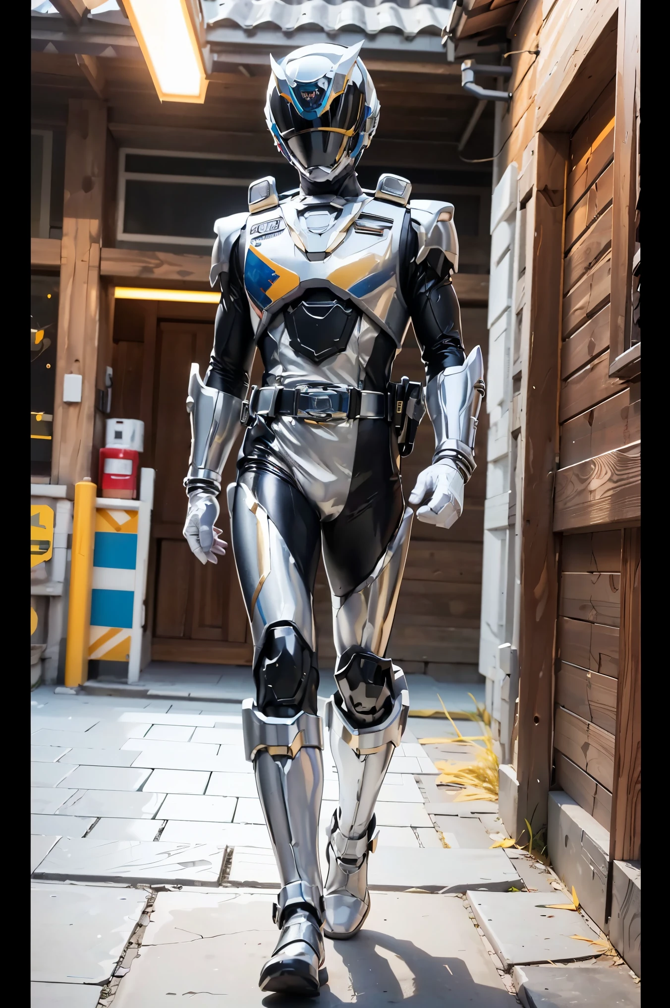 1boy, full body, Illustration, cinematic light, high resolution, best quality, ultra-detailed, masterpiece, power suit, powerranger, suit, spd, (Silver and Gold chest plate), white and gold detail, (((white suit))), ((police theme:1.2))