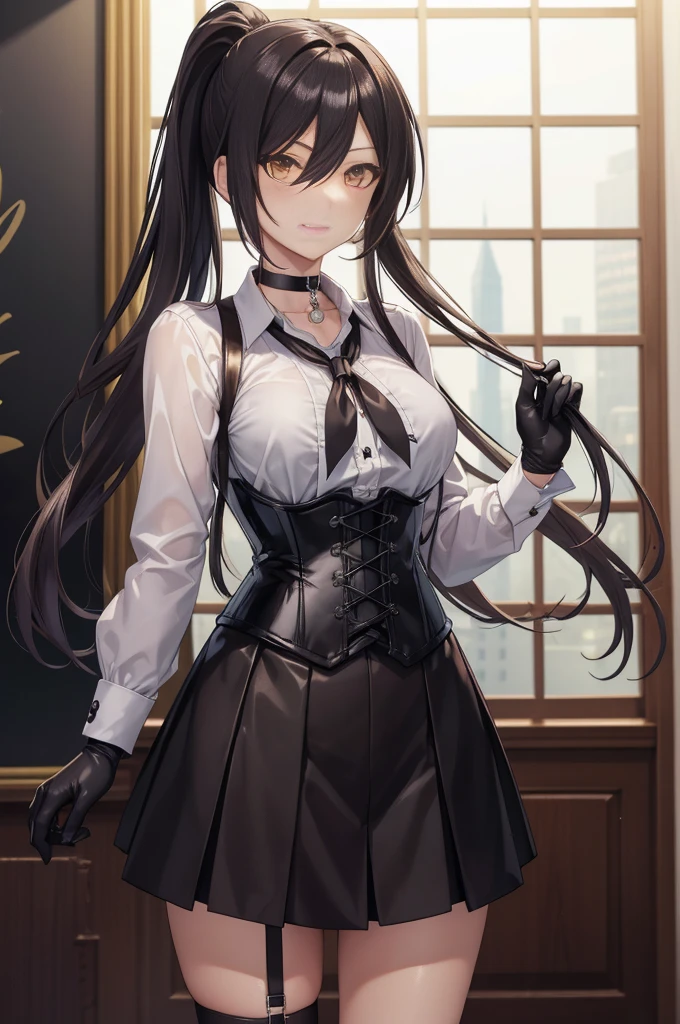 Sakuya Shirase, Sakuya Shirase first, long black ponytail hair, masterpiece, The best quality, high resolution, Beautiful detailed eyes, amber yellow eyes, extremely detailed face, good lighting, Detailed CG, 1 woman, standing, View from the front,  blush, smug expression. show smile, shiny lips, choker:1.6, ((White collar button-down shirt with white long sleeves)), black gloves, gloves that cover the hands, (black leather corset), (Black miniskirt), (dark brown tights), elegant dining room, mansion, night, neon lights