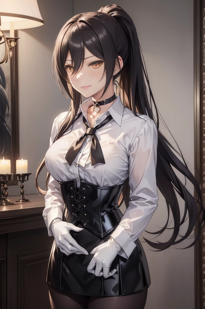 Sakuya Shirase, Sakuya Shirase first, long black ponytail hair, masterpiece, The best quality, high resolution, Beautiful detailed eyes, amber yellow eyes, extremely detailed face, good lighting, Detailed CG, 1 woman, standing, View from the front,  blush, smug expression. show smile, shiny lips, choker:1.6, ((White collar button-down shirt with white long sleeves)), black gloves, gloves that cover the hands, (black leather corset), (Black miniskirt), (dark brown tights), elegant dining room, mansion, night, neon lights