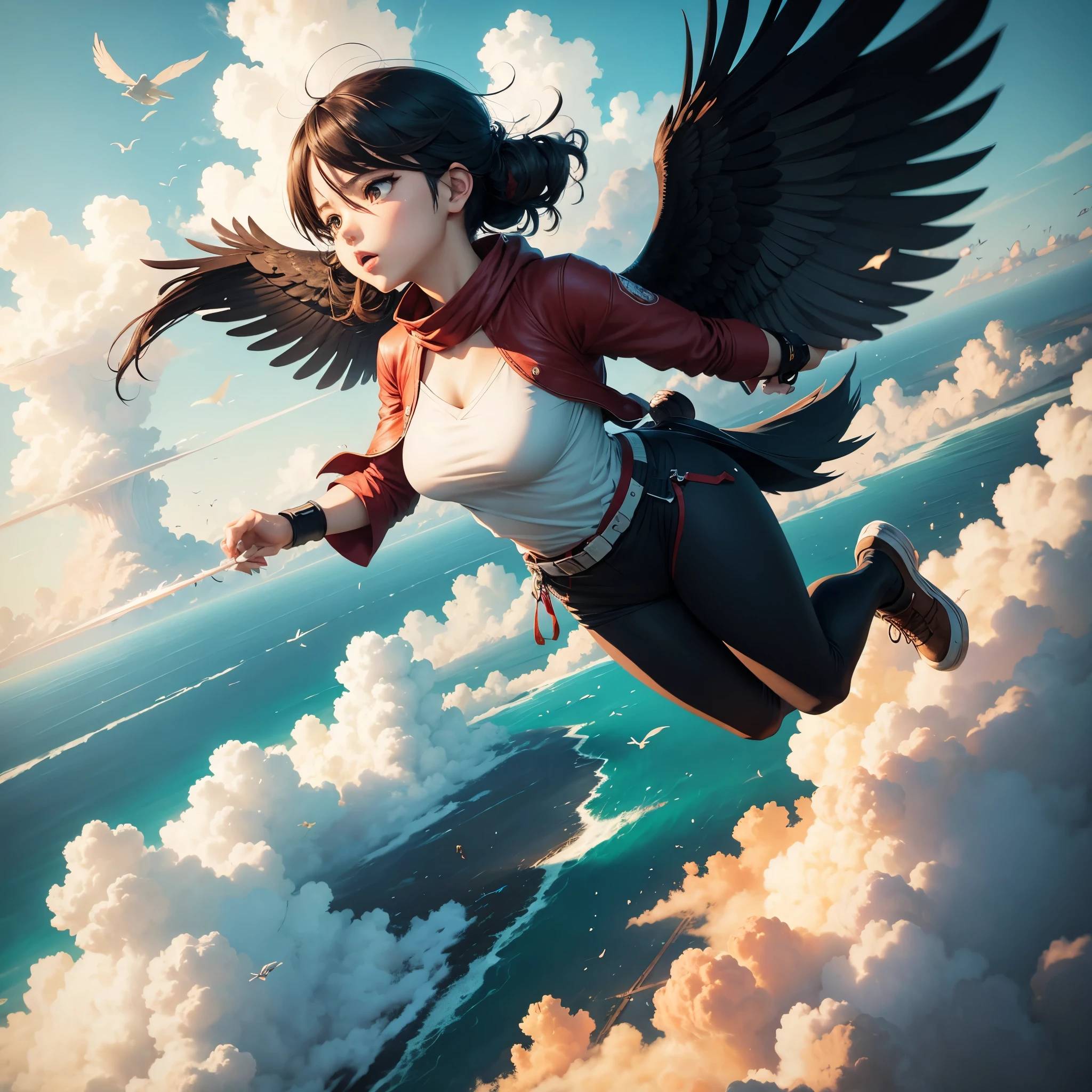 Full body picture of anime girl as superhero flying over city