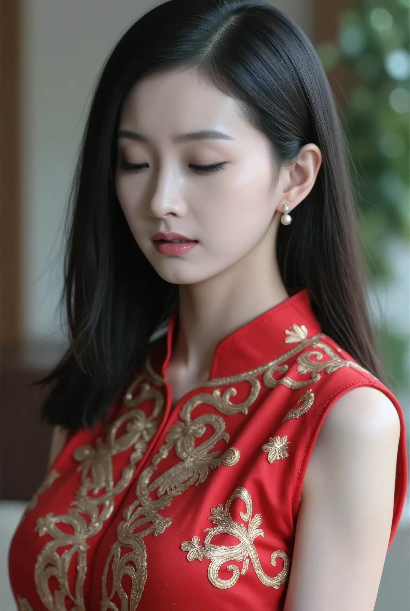 big breasts，A scene from the TV series "The Legend of the Condor Heroes", with a woman wearing a red cheongsam and earrings, crying in pain with closed eyes. She has long black hair tied behind her head with an intricate gold hair ornament. Her face is pale, in the style of 1990s Hong Kong cinema.
