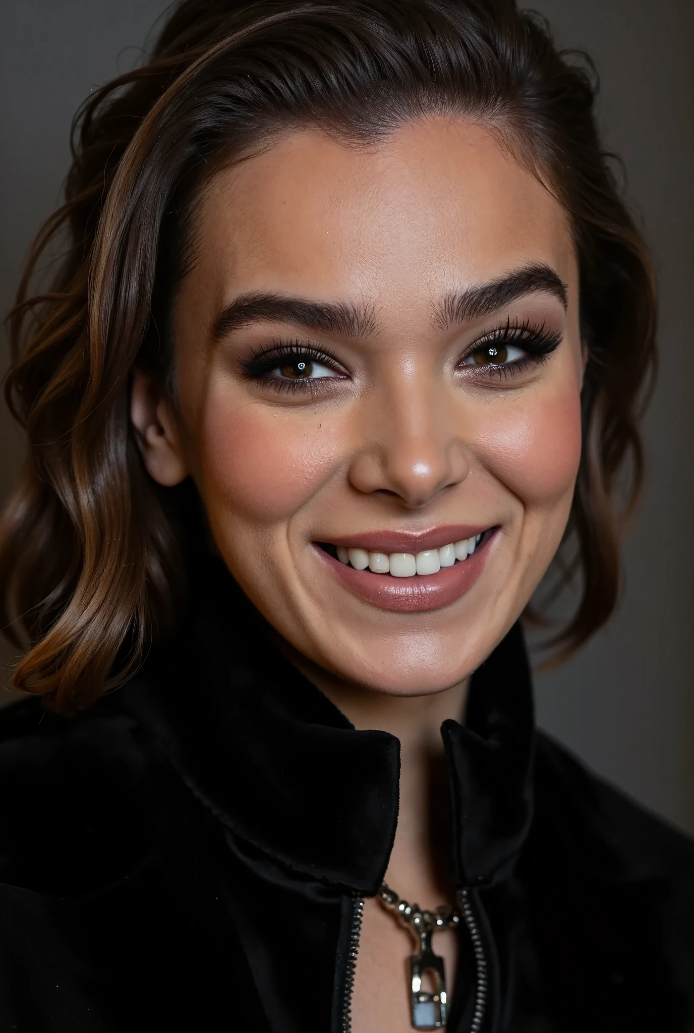 Close up of a womans face (hailstnewv3), beautiful smile, turtleneck latex outfit, zipper, highly detailed fur, natural skin texture, 4k textures, Highly detailed perfect , Lightroom, Intricate, Ultra-Realistic, Out There, (HDR:1.3), UHD, (Intricate Detail, Hyper-Detailed:1.1), Cinematic, Photoreal, (Dark Shot:1.2), Dramatic, High Contrast, (Warm Color:1.1) , muted colors, master piece, elegant, sharp focus,