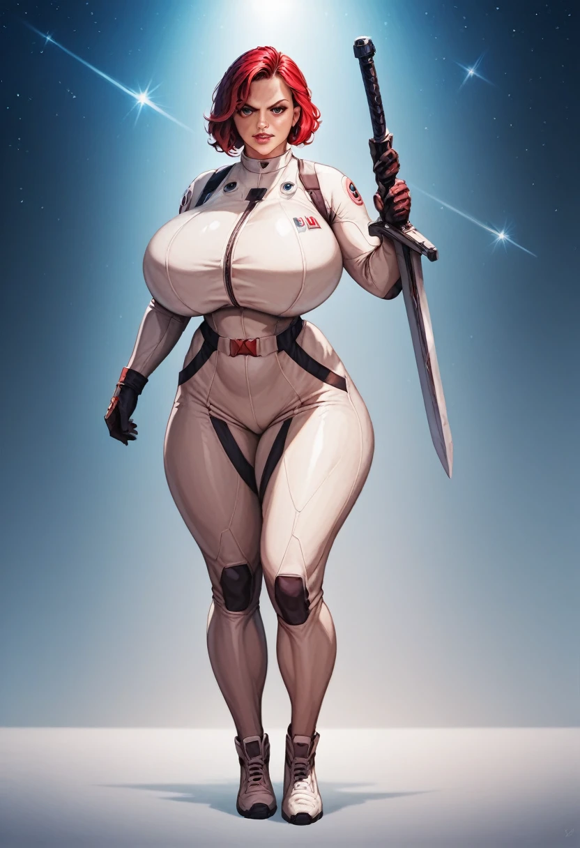 amazone, red hair, huge breasts, childbearing hips, full body view, space suit, she is carrying a large heavy zweihander with a dark wooden handle that is almost as big as her, two handed sword, intimidating pose, standing proudly, highly detailed, intricate details, cinematic lighting, photorealistic, 8k, hyperrealistic, dramatic shadows, dynamic pose, strong colors, vibrant palette, sci-fi, concept art, digital painting
