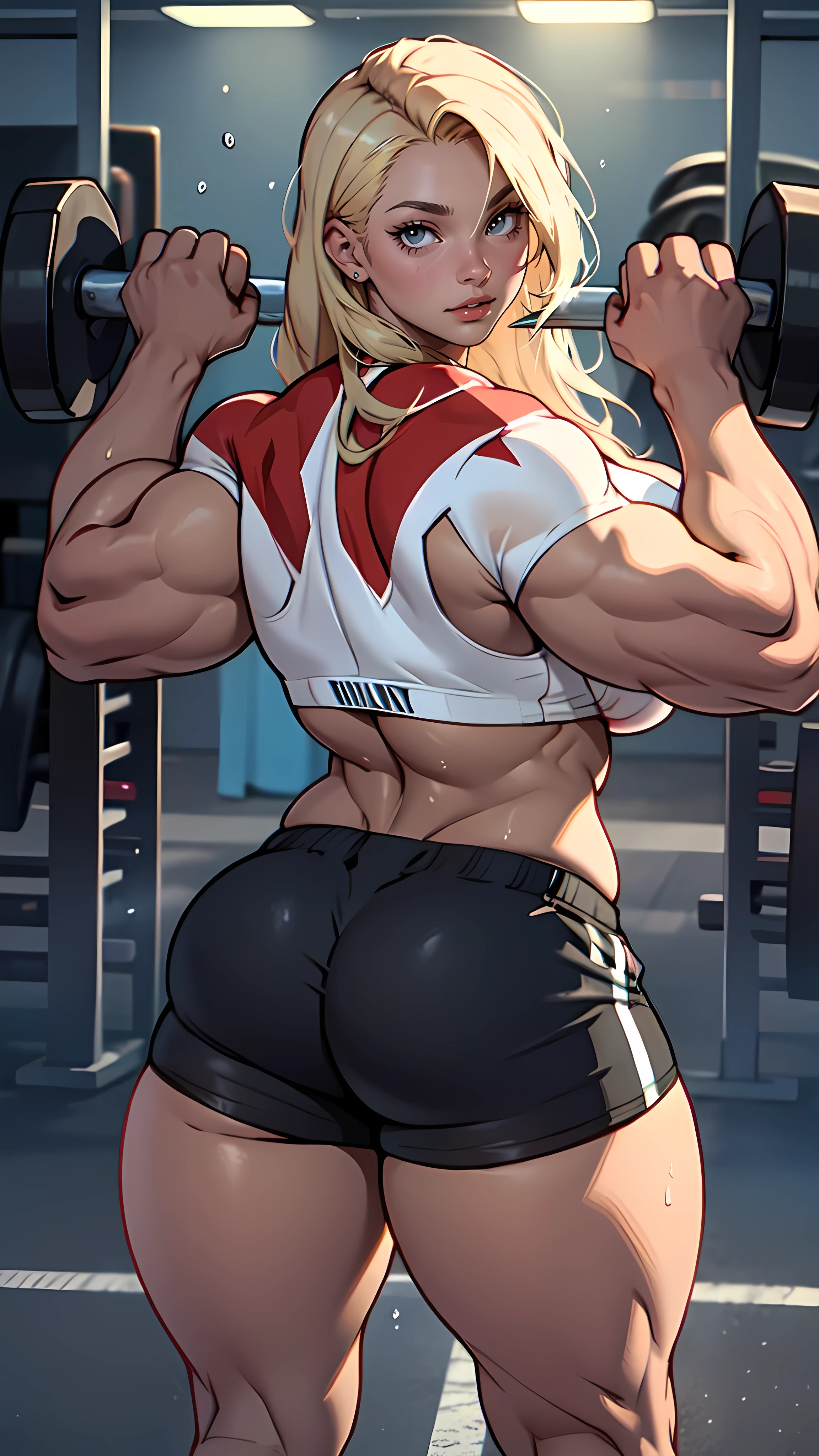 sensual, long blonde hair, thick thighs, 8K, 4K, highest quality, High resolution:1.2), cute anime face, noise reduction, shining blue eyes, gentle smile, kind eyes、toned abdominal muscles, muscular arms, muscular legs,  young face, anime eyes, (((big breasts、Breasts that are about to burst)))、(((Bondage style)))、(((Rear view、Turning around、emphasize the buttocks、T-back song that bites into your butt)))、(((full body style)))