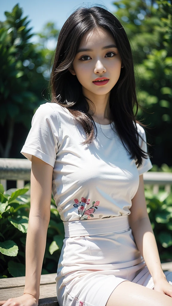 8k,masterpiece,Japanese,9-year-old girl,from the front,smile,Innocent face,calm eyes,Childish,Small breasts,T-Shirts,Her belly button is visible、Short sleeve,Short denim shorts、semi-long,noon,bright,One cherry blossom