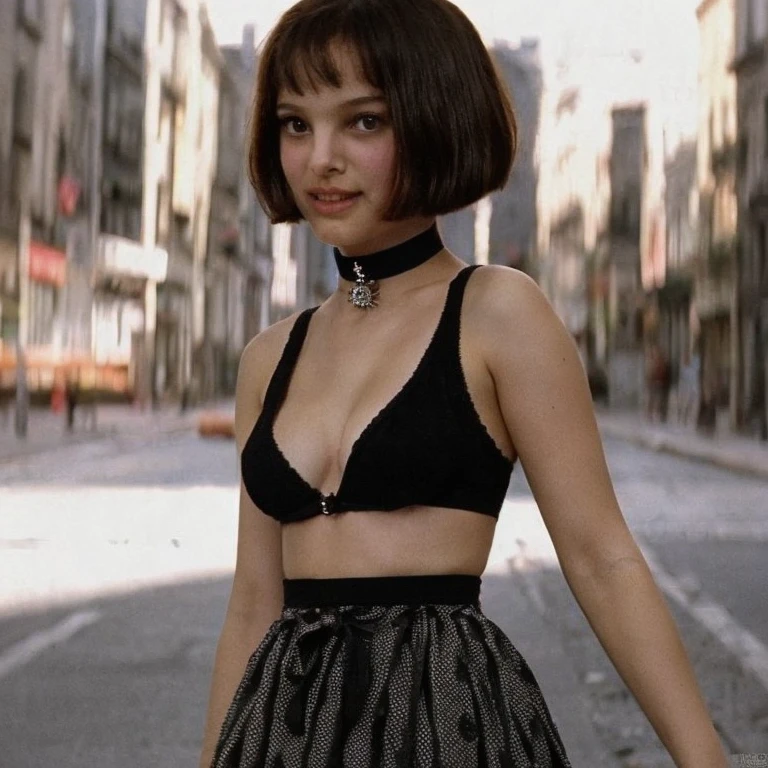 Prompt: score_9, score_8_up, score_7_up, source_real, rating_explicit, uncensored, photorealistic, masterpiece, best quality, 8k, very detailed, (Matilda), young girl,seductive pose, Natalie Portman in the Professional movie, short hair with bangs, Face of pleasure, face, 14yearsold, ((flat breasts, tomboy girl, small head)), daylight, sunlight, (perfect body: 1.1), (child), (short stright hair: 1.2), black choker, dress, (full body shot), street, thin thighs, polka dots, perfect angle, Mathilda, seductive smile expression, Small waist, perfect hands, perfect fingers, perfect breasts, perfect face, perfect body, perfect neck, perfect image, hentai, taboo, fetish, Ecchi, (extremely detailed 8k CG wallpaper), (an extremely delicate masterpiece), (best quality: 1.0), (ultra high resolution: 1.0), beautiful lighting, perfect lightning, realistic shadows, [high resolution], detailed and ultra-detailed skin, (((color))), intricate Details, high quality, absurdre