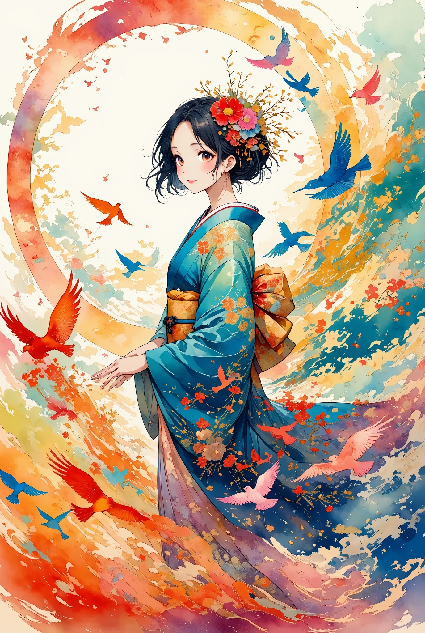 A serene scene featuring a girl in a traditional Japanese kimono, standing gracefully as vibrant birds fly around her. The birds are depicted as colorful silhouettes, each adorned with intricate, traditional Japanese patterns. The entire image has the delicate texture of washi paper, giving it a soft, artistic feel. The colors of the birds blend harmoniously, with shades ranging from deep blues and greens to bright reds and oranges, while their flight creates a swirling motion around the girl, adding a sense of fluidity to the scene.