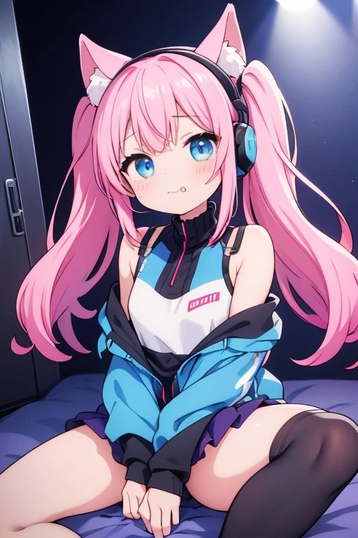 A girl wearing glowing cat ear headphones、Touching a computer、Cafe au lait